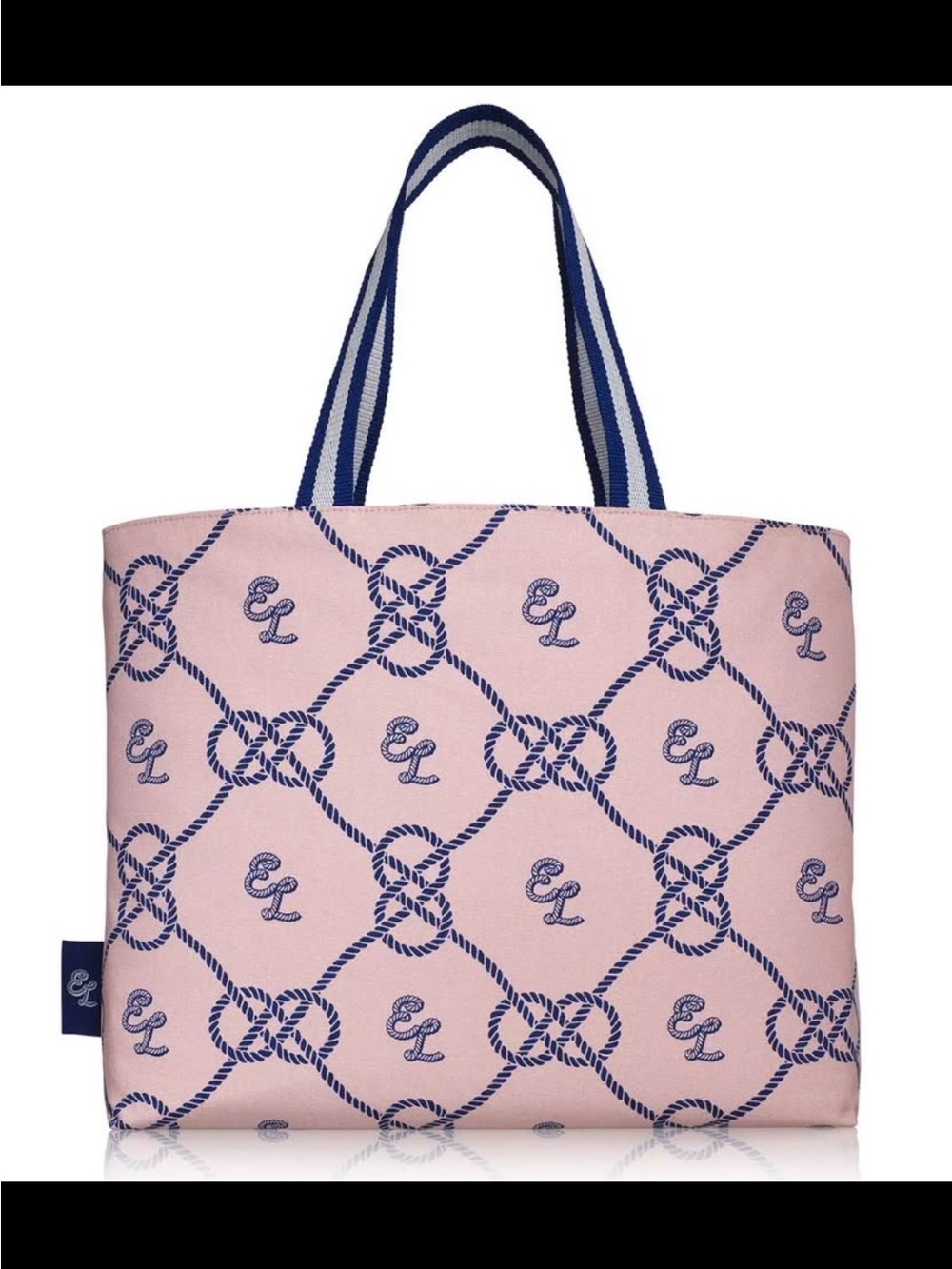 Pink Rope-Print Tote Bag with Navy Handles